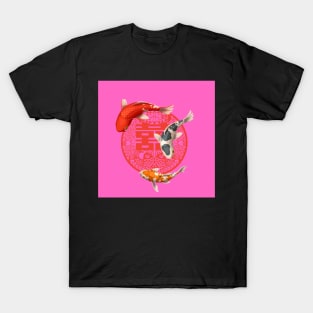 Double Happiness Koi Fish Hot Pink with Red Symbol - Hong Kong Retro T-Shirt